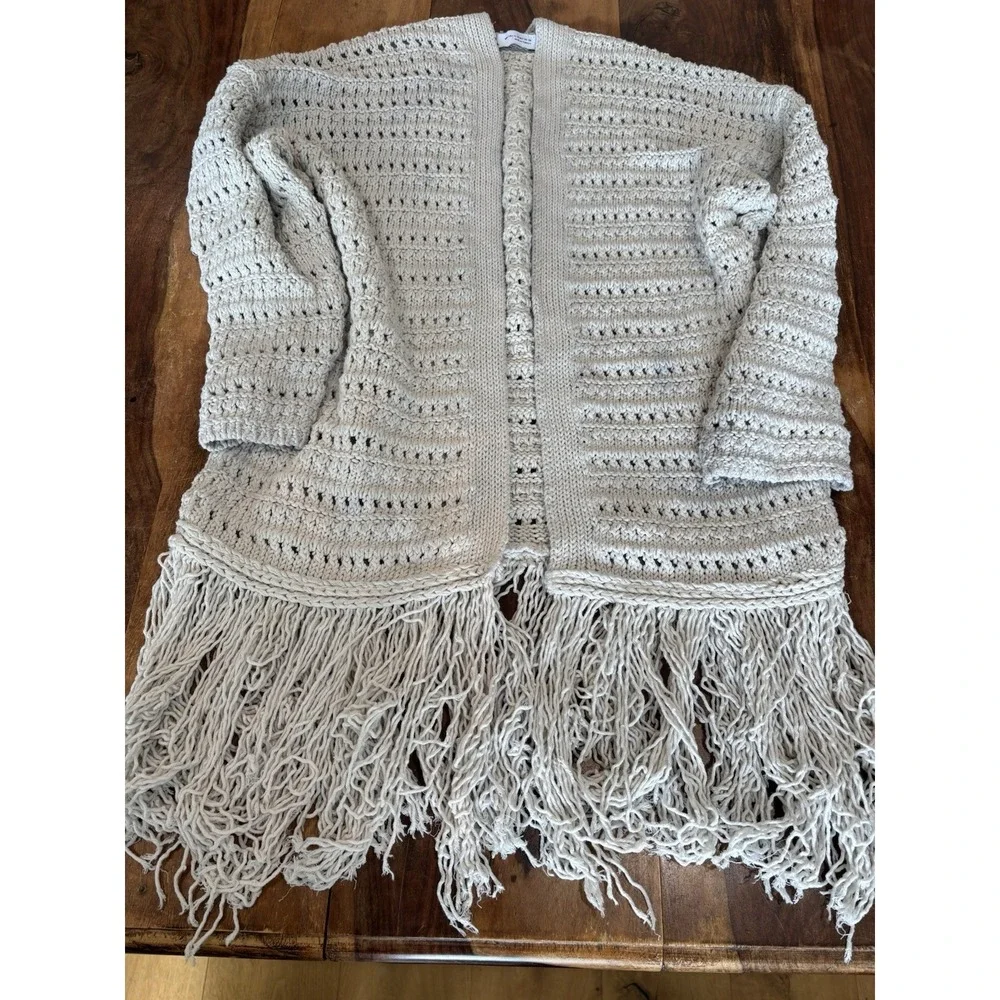 Zara chunky cardigan sweater boho fringe grey women's size small cotton blend - Picture 5 of 11
